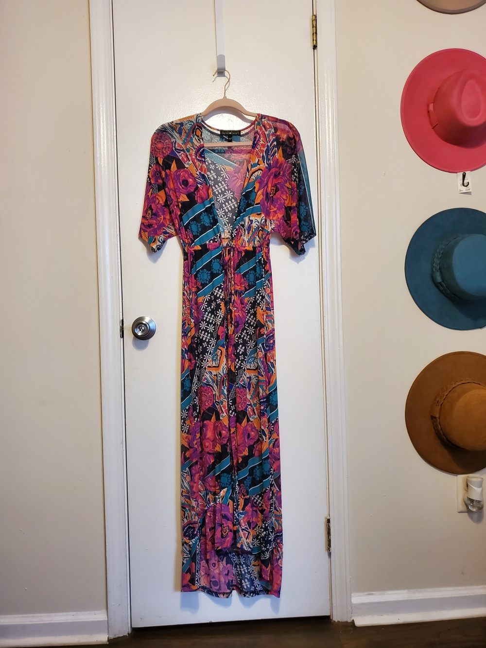 Derek Heart Multicolor Floral Maxi Kimono in Pink and Teal